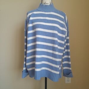 LOFT Blue and White Striped Turtleneck Sweater